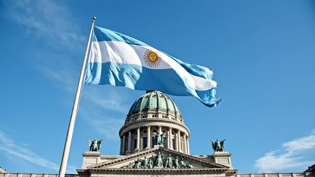 National flag waving above government building with dome and statues under clear blue sky