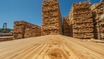 Fototapeta premium Piled wooden boards against the sky. Wood storage, drying. Timber for building
