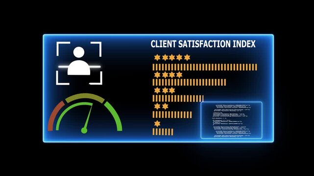 Digital dashboard displaying client satisfaction index with star ratings progress bars and a speedometer gauge indicating performance levels against a dark 4k background animation