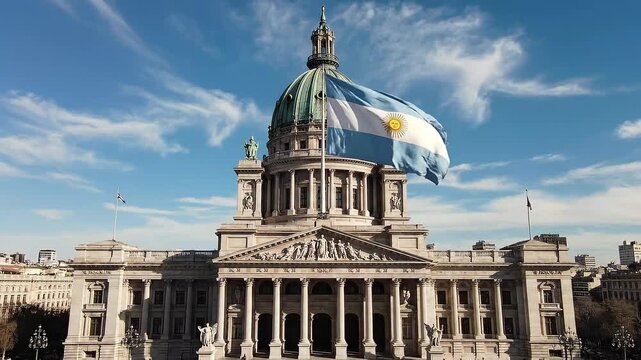 Government building with a large national flag on its dome, viewed from below, on a clear day with blue sky and wispy clouds