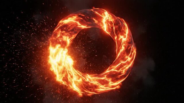 A vibrant fiery ring of glowing lava and sparks rotates against a dark