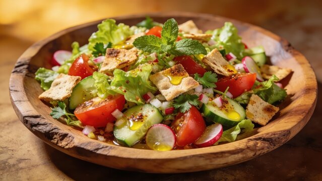 Plate of traditional Arabic salad fattouch on a wooden plate