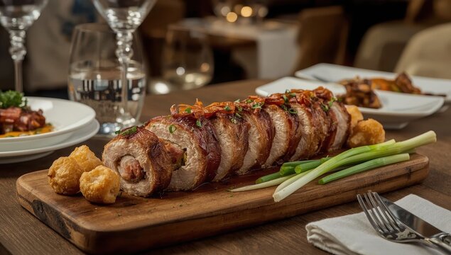 Pork roll with pickles and bacon, accompanied by fried mushrooms and scallions