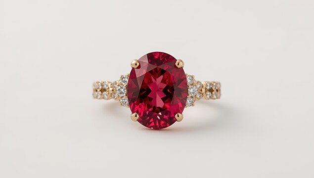 Ruby diamond ring with red topaz on a soft white background