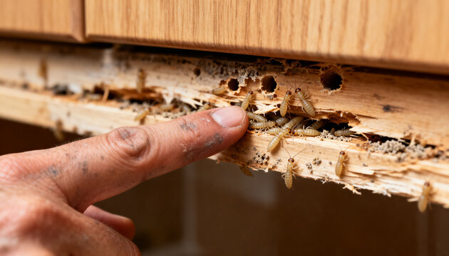 A close-up view of a person's finger pointing at wood severely damaged by a termite infestation, with numerous termites visible.