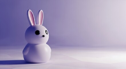 Obraz premium A minimalist and cute 3D rendered bunny figurine with small black eyes and pink ears stands upright on a softly illuminated purple to white gradient background.