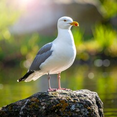 Fototapeta premium A majestic seagull standing on a rock with sunlight illuminating its features