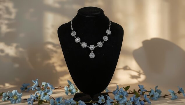 Silver necklace showcased on dark mannequin