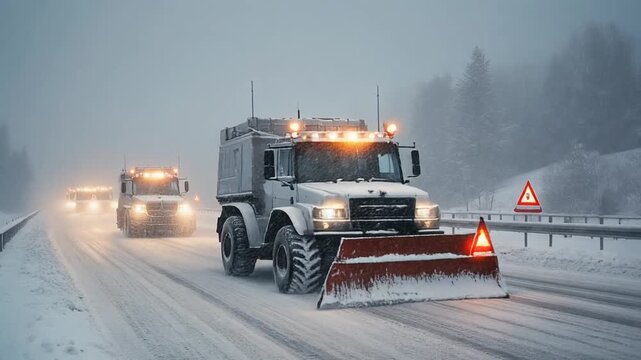 Snowplow convoy clears snowy highway in heavy snowfall; warning triangles glow in whiteout 
