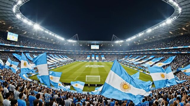 Vibrant Stadium Scene with Waving Argentine Flags and Cheering Crowd at Night