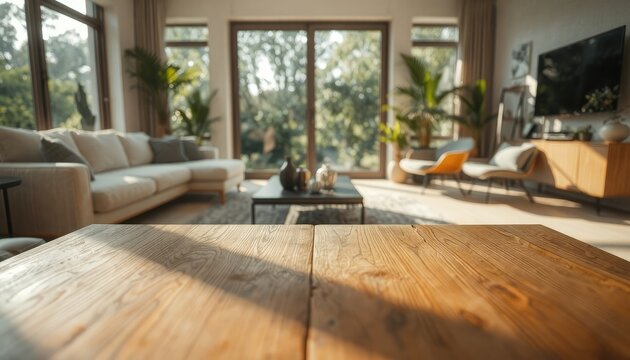 Inviting Living Room Scene with a Warm Wooden Foreground Perfect for Product Showcases and Lifestyle Presentations