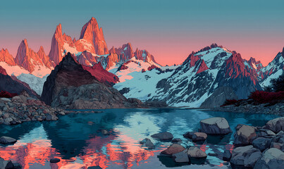 Naklejka premium Patagonia scenery in Argentina and Chile South America in illustrations, presentation images, travel image ideas, tourism promotion, postcards, generative AI