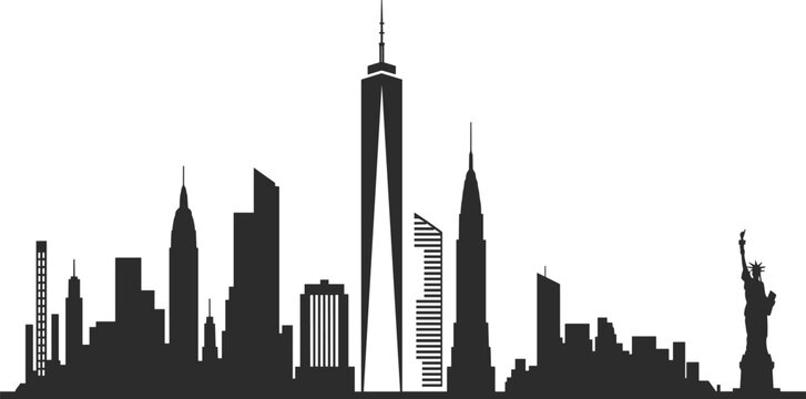 New York City skyline vector silhouette with One World Trade Center, Empire State Building, and Statue of Liberty