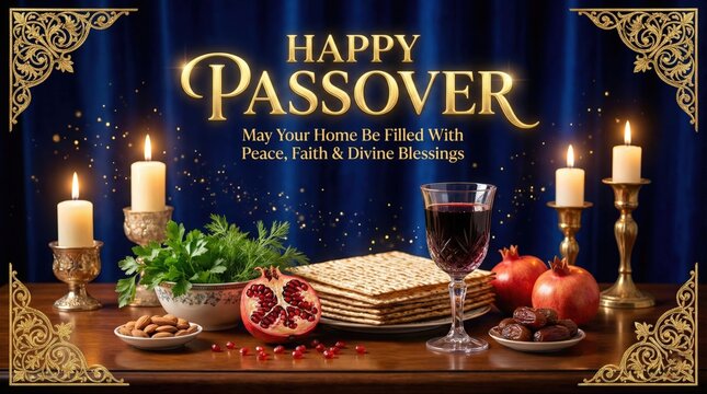 Happy Passover Seder Plate with Matzah Wine Candles Gold Decor Elegant Festival Celebration Background Social Media Poster Design