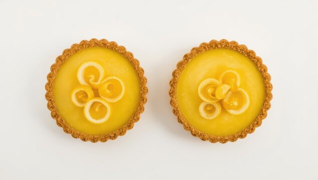 Two lemon tarts topped with lemon zest against a white backdrop