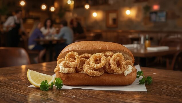 Typical Spanish calamari sandwich in brioche bread