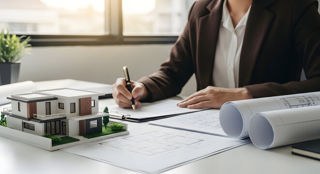 Elegant Professional Architect Planning New House Design with Model