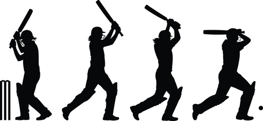 Cricket player silhouette vector set with professional batsman hitting ball in various batting poses for sport © MdMajnur