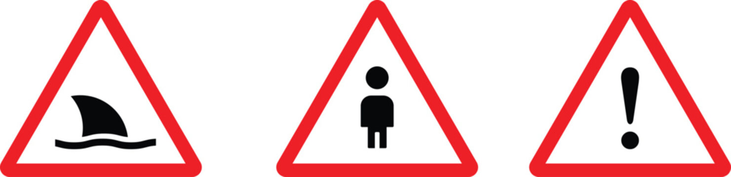 Red warning signs for shark attack pedestrian and general caution on transparent background