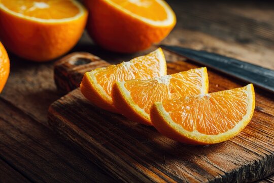 Vibrant orange slices and halves are artfully arranged on a rustic wooden cutting board, highlighting their juicy texture and bright, refreshing color. This close-up shot evokes feelings of health, fr