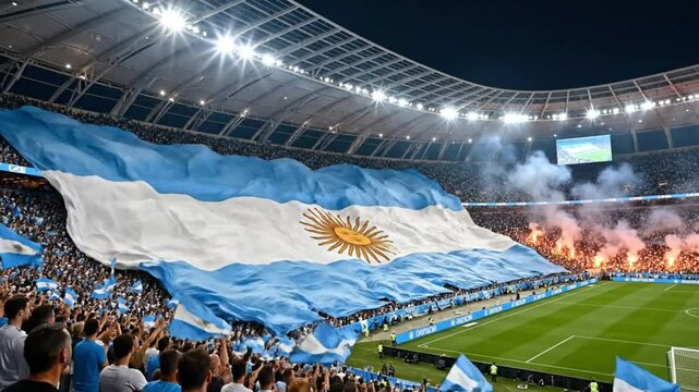 Large Argentine flag waving in a crowded stadium during a soccer match at night with spectators cheering