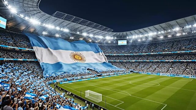 Large Argentine flag waving in a crowded stadium during a soccer match with spectators