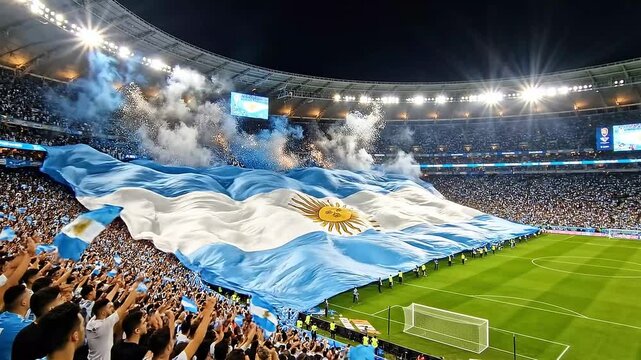 A massive Argentine flag waved by fans in a packed stadium during a night football match under bright stadium lights