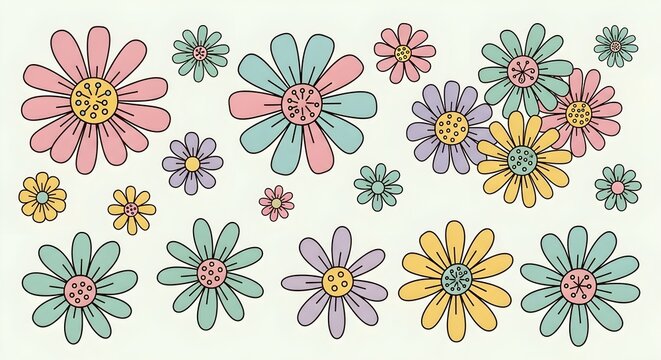 Hippy groovy daisy flowers set. Retro vintage style, hand drawn decorative elements. 60s, 70s, icon flower, pastel colors, kids cute decor. Flat cartoon illustration.