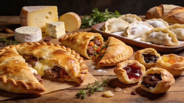 Homemade golden baked hand pies, with filling. Italian closed pizza calzone, empanadas, pierogies. Mini puff pastry or hand pies filled with sweet or savory stuffing
