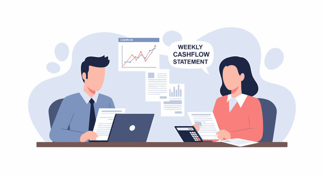 Businesspeople analyzing weekly cash flow statement financial data together.