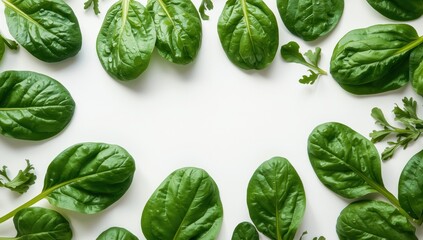 Obraz premium Isolated baby spinach leaves on a white backdrop. Flat lay for salad ingredient packaging