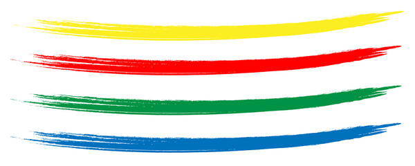 Set of colorful brush strokes in yellow red green and blue colors with grunge texture isolated on a transparent background