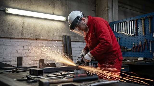 Industrial Worker Grinding Metal with Protective Gear and Sparks in Workshop