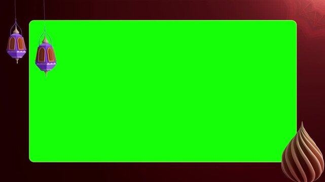 Ornate Islamic green screen frame with traditional hanging lanterns and decorative elements background video footage.