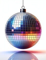 A shiny disco ball hanging from a string with colorful reflection