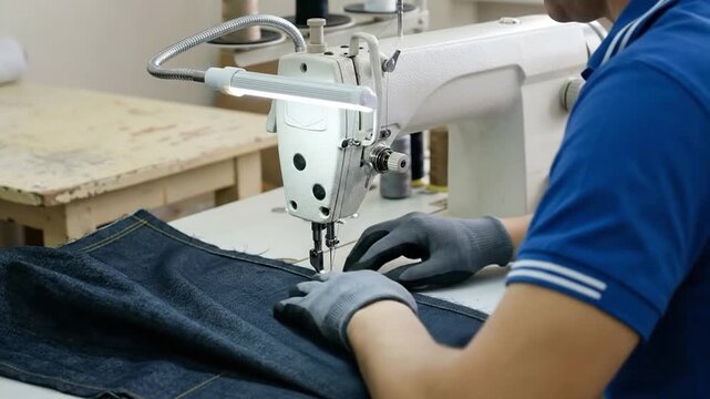 Worker's hands in gloves operating industrial sewing machine, stitching dark fabric in a manufacturing workshop.