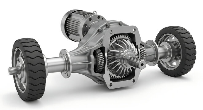 A detailed cutaway view of a car's rear axle differential and wheel assembly, showcasing internal gears and mechanical components.