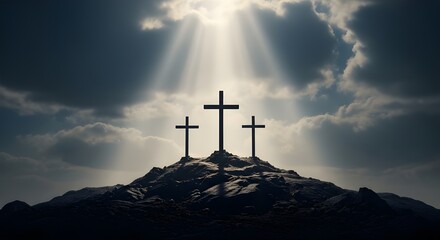 Good friday reflections crosses on golgotha hill with heavenly light