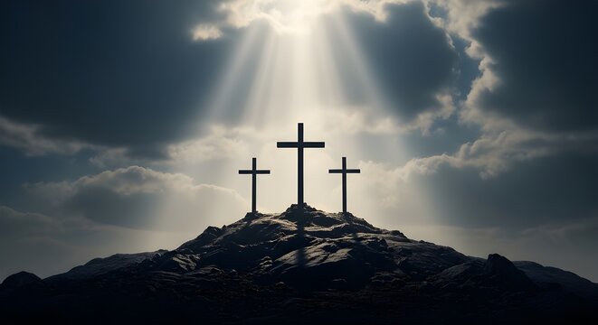 Good friday reflections crosses on golgotha hill with heavenly light