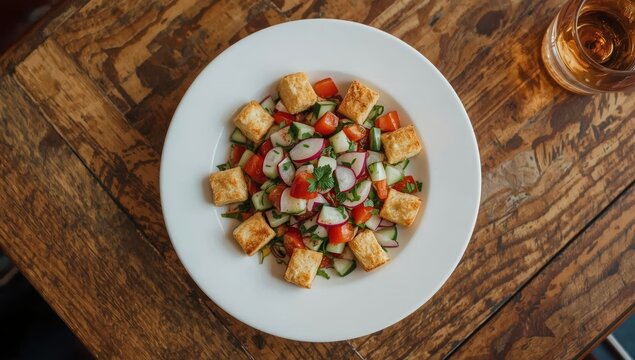 Tasty Middle Eastern salad with pita croutons, fresh veggies, and herbs, served on a white plate above a wooden table. Simple and nutritious traditional recipe, overhead shot