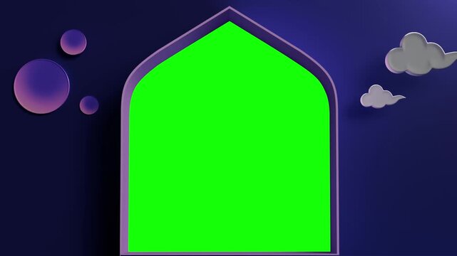 Elegant Islamic arch frame animation featuring a vibrant green screen for customizable video footage.