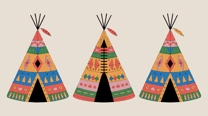 Three colorful teepees with vibrant patterns and feathers on a beige background traditional native american dwellings © Imran