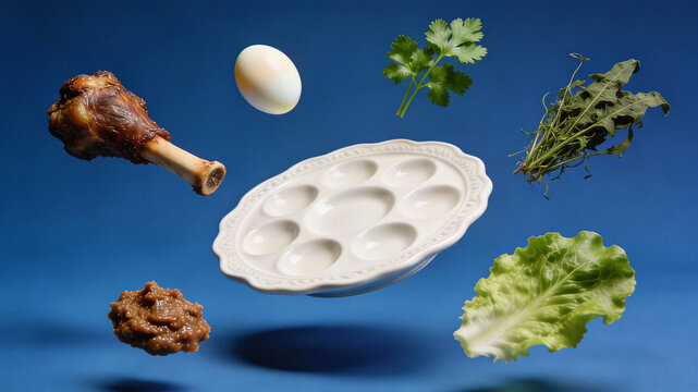 Floating passover seder plate with shank bone egg bitter herbs and charoset. Traditional jewish holiday symbols for pesach seder meal. Exodus freedom theme and family celebration concept