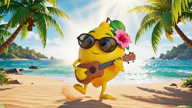 A cheerful cartoon lemon in sunglasses plays ukulele on a sunny tropical beach with palm trees.
