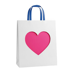 A white shopping bag adorned with a pink heart symbol