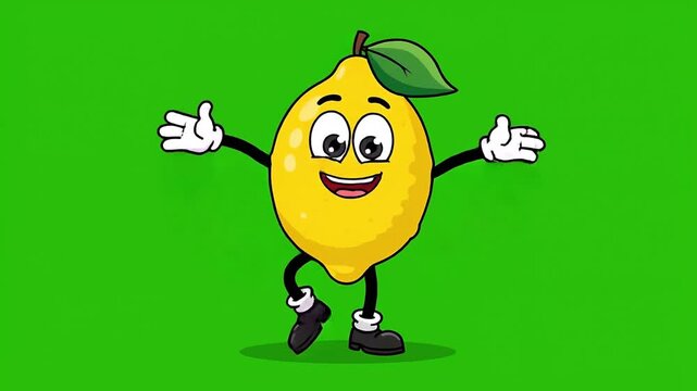 A cheerful cartoon lemon character happily gestures on a bright green background