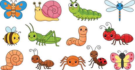 Cute Cartoon Insects Set – Butterfly Bee Snail Caterpillar Grasshopper Worm Ant Spider Ladybug Vector © MdAlom