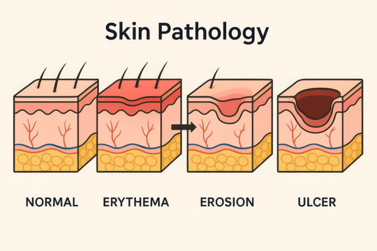 Medical illustration showing concerning skin pathology diagram. This chart details disease progression from normal state to erythema, erosion, and painful ulcer