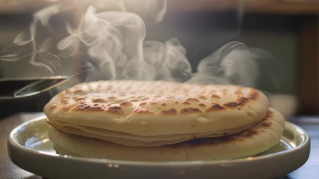 Steaming hot flatbreads on a plate in a cozy kitchen setting