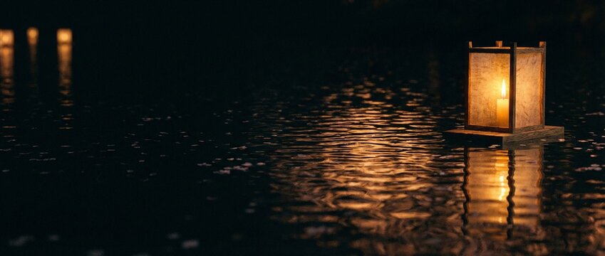 Floating paper lantern on dark water at night. Glowing light reflection in calm pond during traditional japanese festival. Obon celebration honoring ancestors and guiding spirits concept for cultural